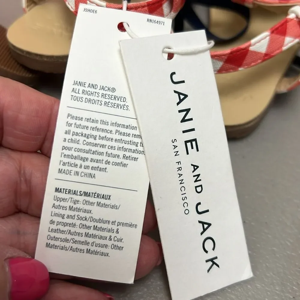Janie and Jack 100049293 Red and White Gingham sandals Flower detail NWT